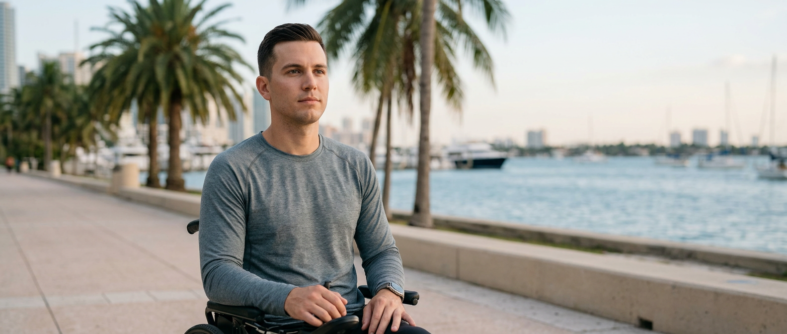 Wheelchair user with a spinal injury looking forward with quiet resolve.