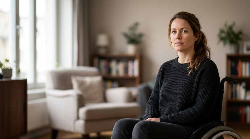Wheelchair user with a spinal injury looks forward with quiet resolve.