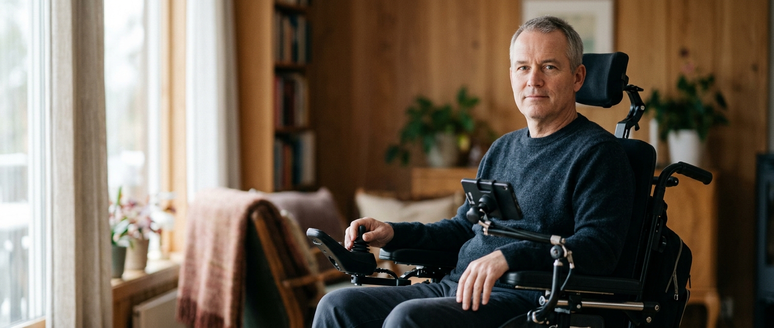 Wheelchair user with a spinal injury looks forward with quiet resolve, illustrating attendant care needs.