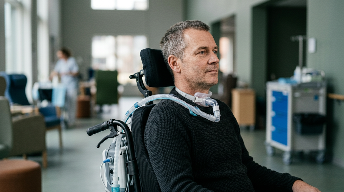 Wheelchair user with a ventilator gazing forward with quiet resolve after catastrophic spinal injury.