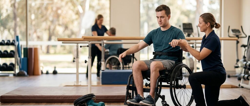 Wheelchair user works with a physical therapist during spinal-cord-injury rehabilitation in a gym.
