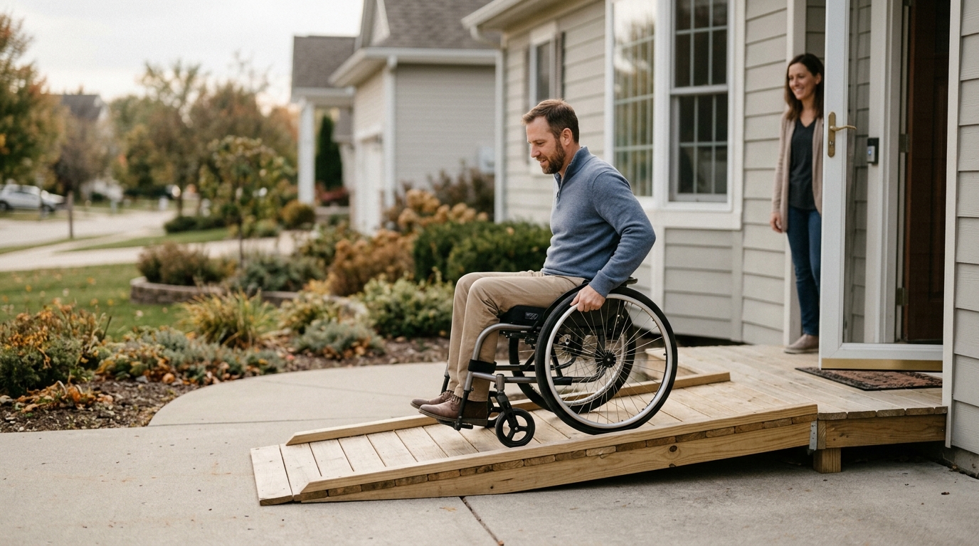Wooden wheelchair ramp leading to a home's accessible entrance.