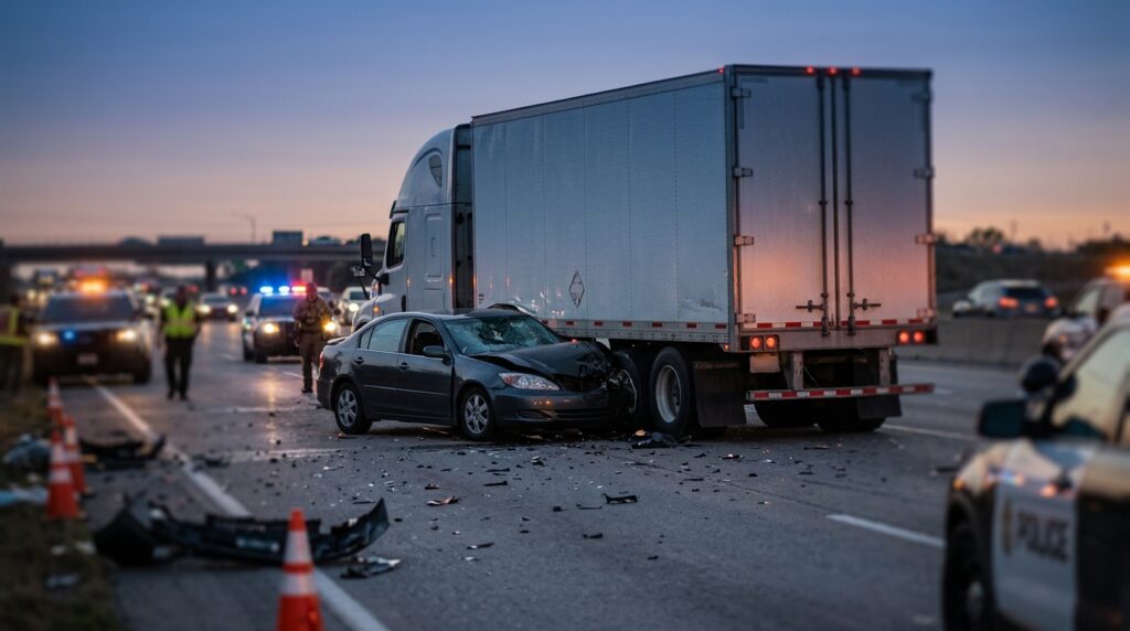 Wrecked car crushed beneath a commercial truck's trailer after a highway underride collision at dusk.