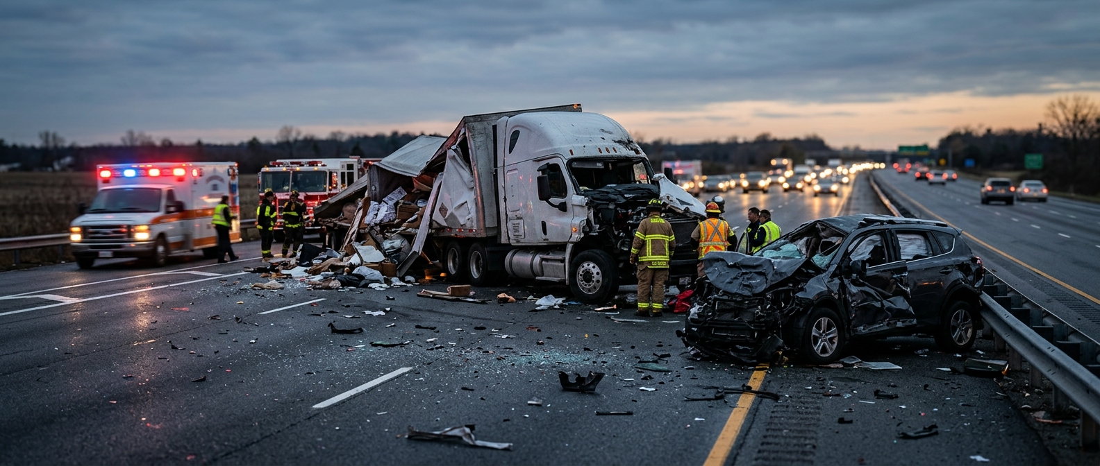 Wrecked commercial truck and damaged vehicles on a highway at dusk after a serious collision.