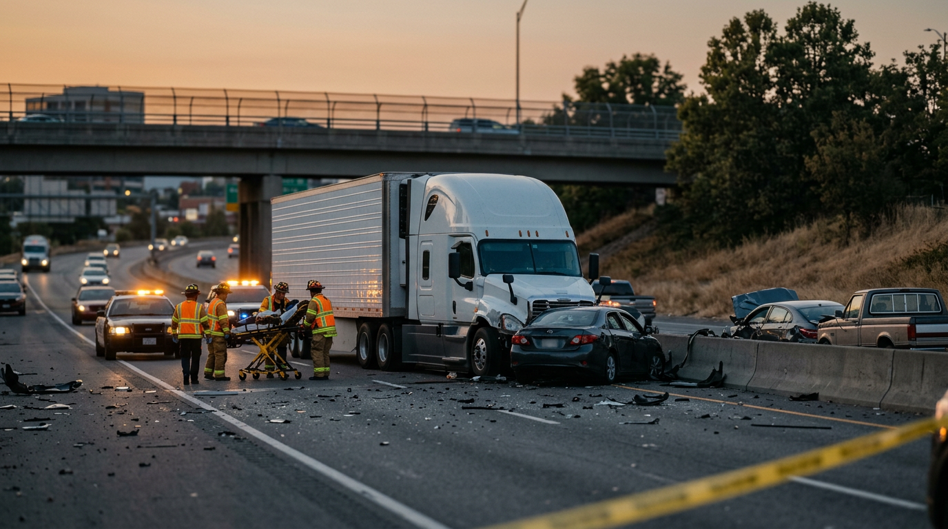 Wrecked commercial truck and debris scattered across a highway after a serious collision at dusk.