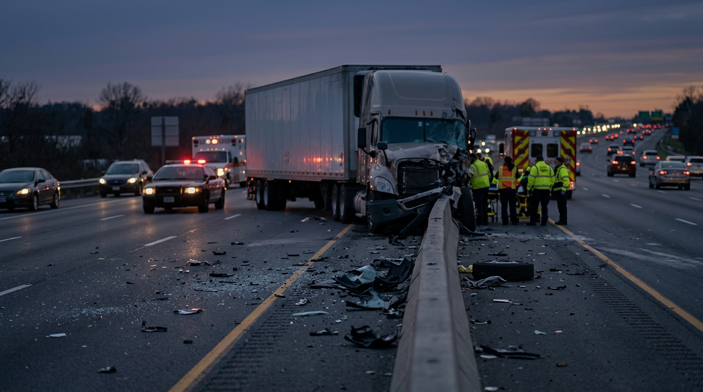 Wrecked commercial truck on a highway at dusk after a serious collision.