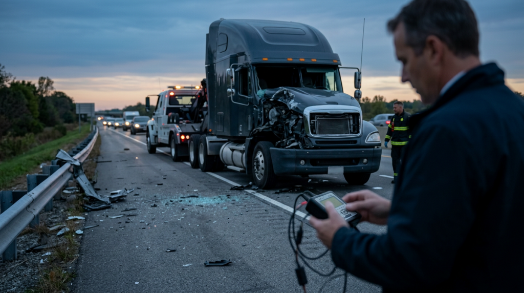 Wrecked commercial truck on a highway at dusk after a serious collision.