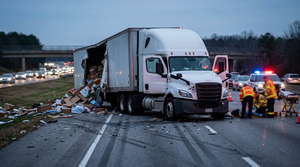 Wrecked commercial truck on a highway at dusk after a serious collision.