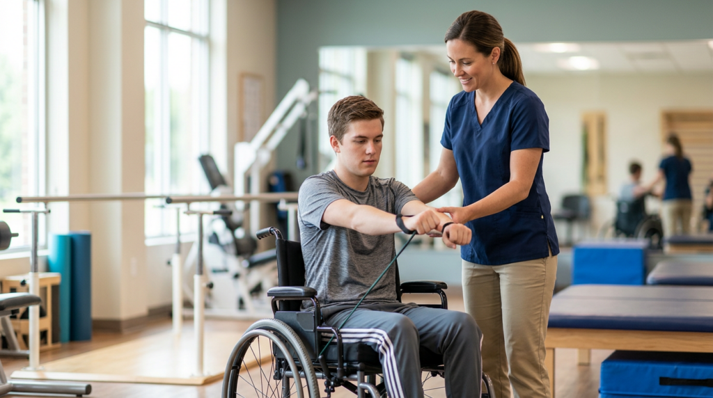 Young adult in a wheelchair working with a physical therapist in a spinal-cord-injury rehabilitation gym.
