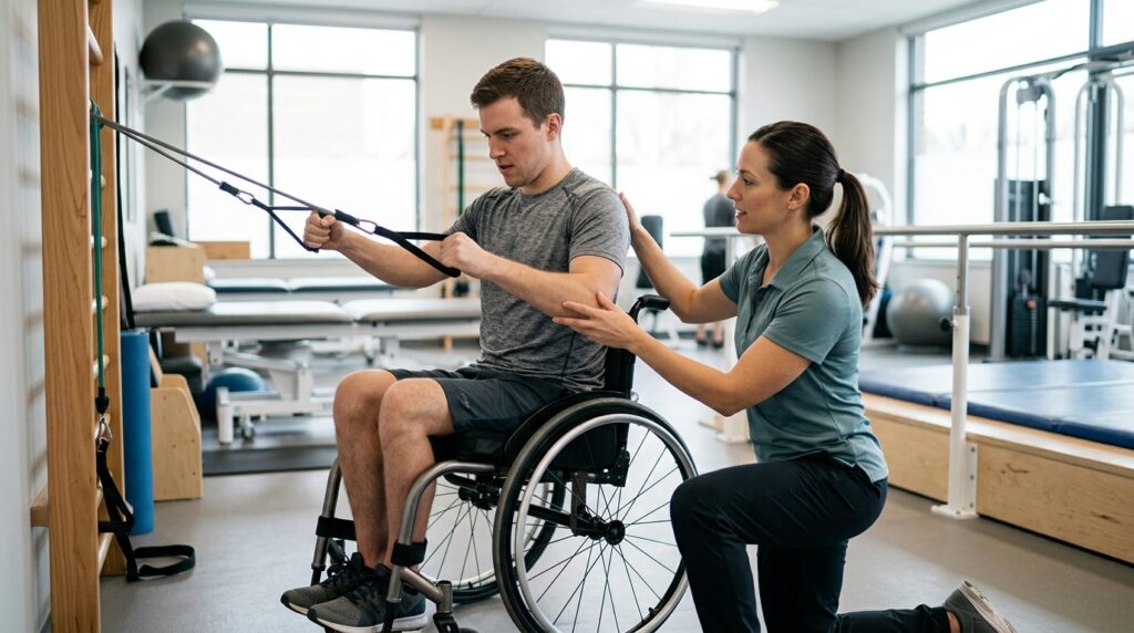 Young adult in a wheelchair working with a physical therapist in a spinal injury rehabilitation gym.