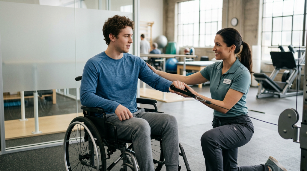 Young adult in a wheelchair working with a physical therapist in a spinal-cord-injury rehabilitation gym.