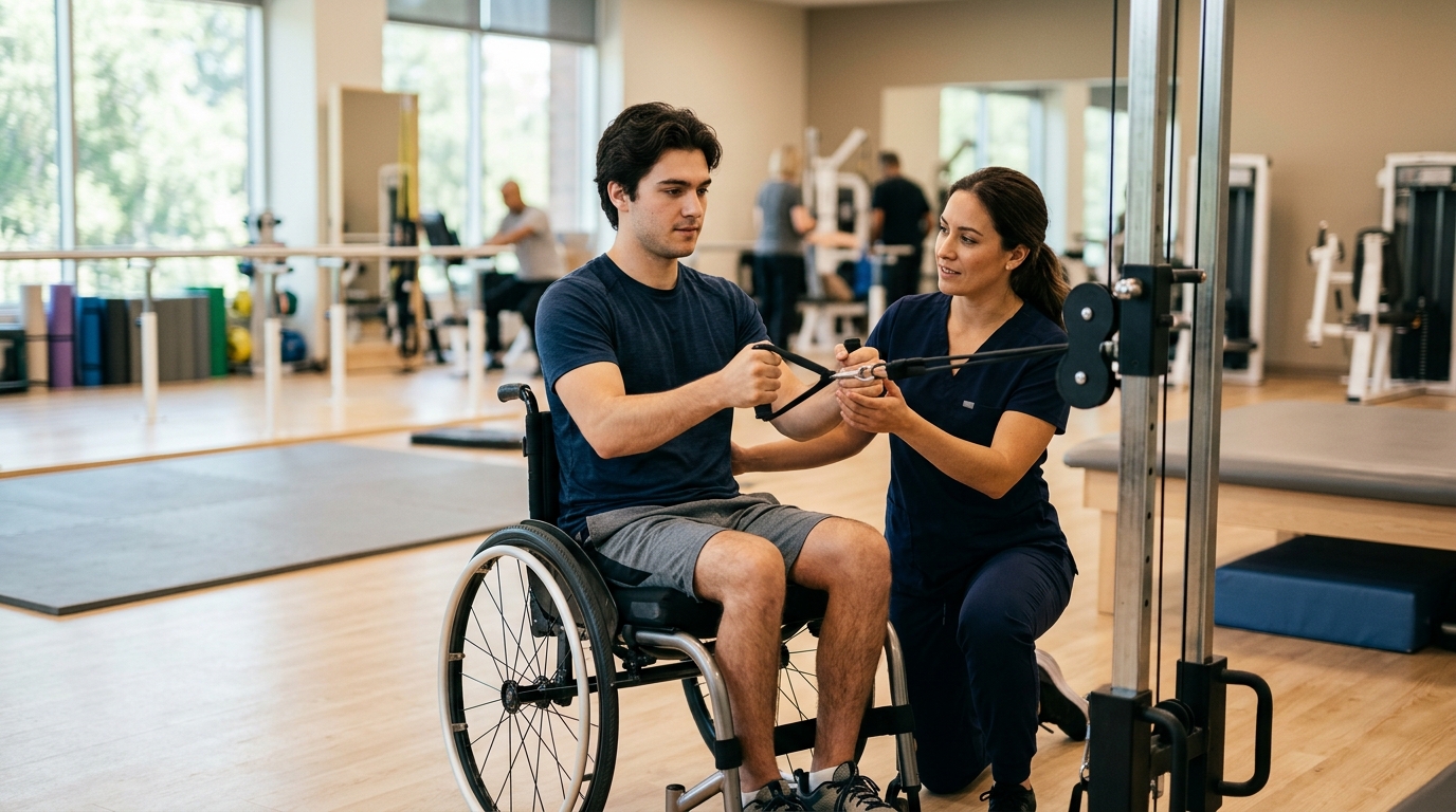 Young adult in a wheelchair working with a physical therapist in a spinal injury rehabilitation gym.
