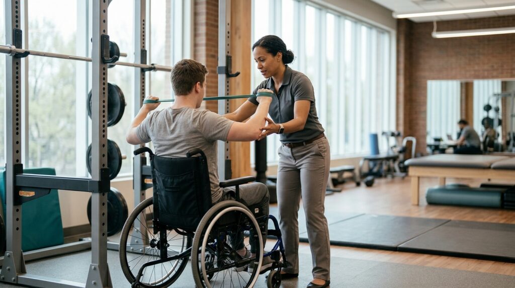 Young adult in a wheelchair working with a physical therapist in a spinal-cord-injury rehabilitation gym.