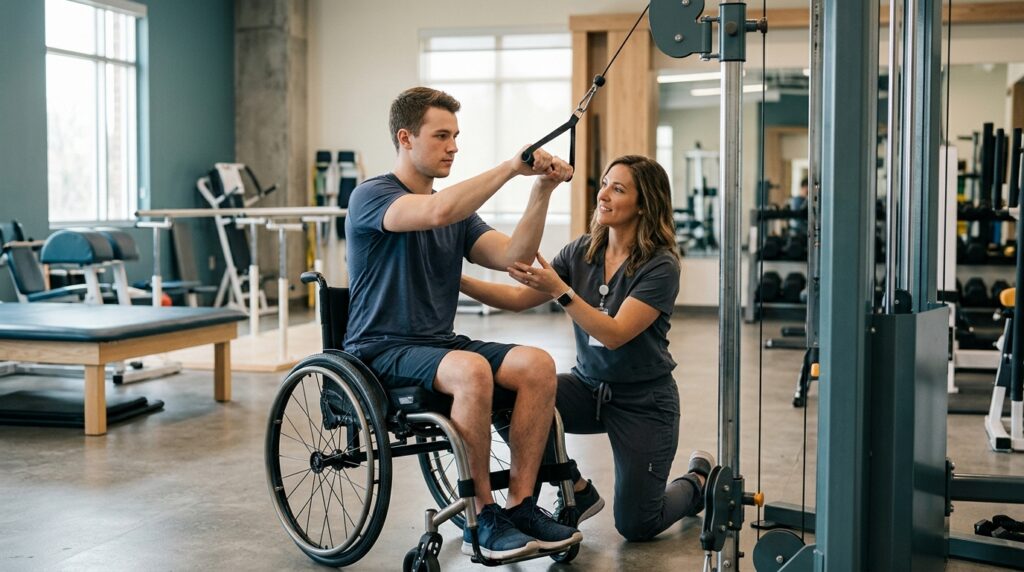 Young adult in a wheelchair working with a physical therapist in a spinal-cord-injury rehabilitation gym.