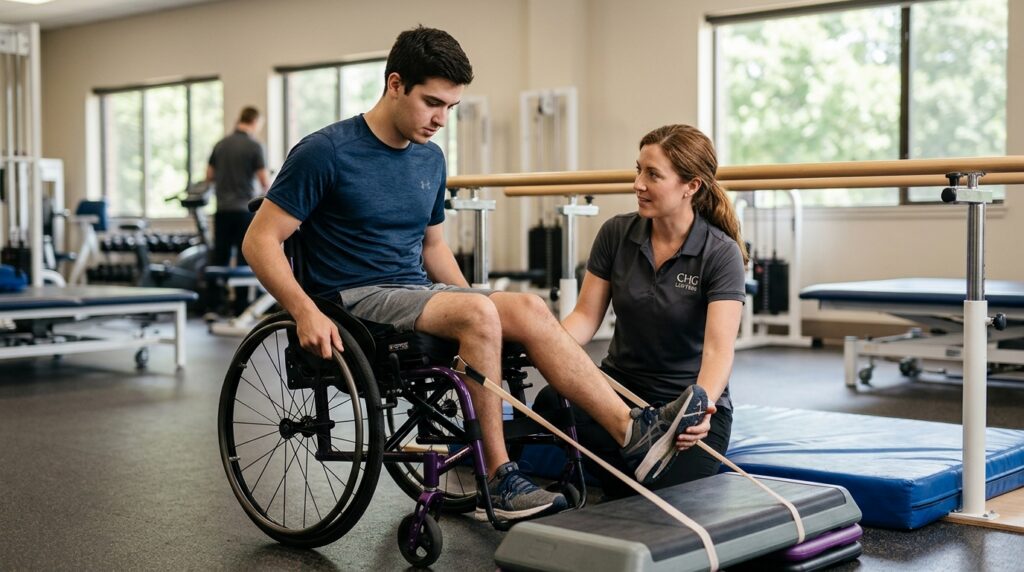 Young adult in a wheelchair working with a physical therapist in a spinal-cord-injury rehabilitation gym.