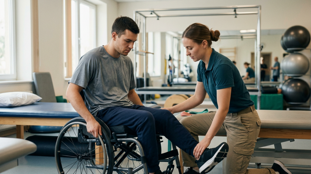 Young adult in a wheelchair working with a physical therapist in a rehabilitation gym.