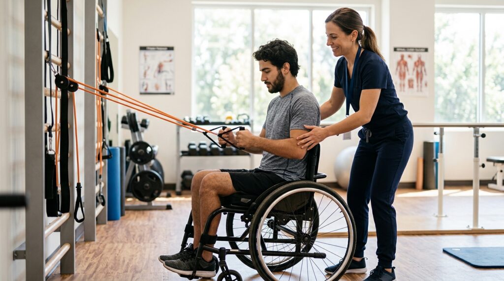 Young adult in a wheelchair working with a physical therapist in a spinal-cord-injury rehabilitation gym.
