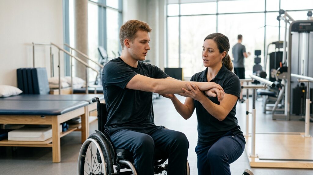 Young adult in a wheelchair working with a physical therapist in a spinal-cord-injury rehabilitation gym.