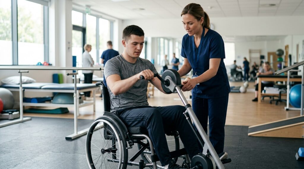 Young adult in a wheelchair working with a physical therapist in a spinal-cord-injury rehabilitation gym.
