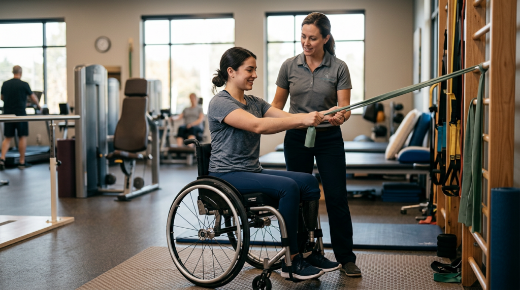 Young adult in a wheelchair working with a physical therapist in a rehabilitation gym.