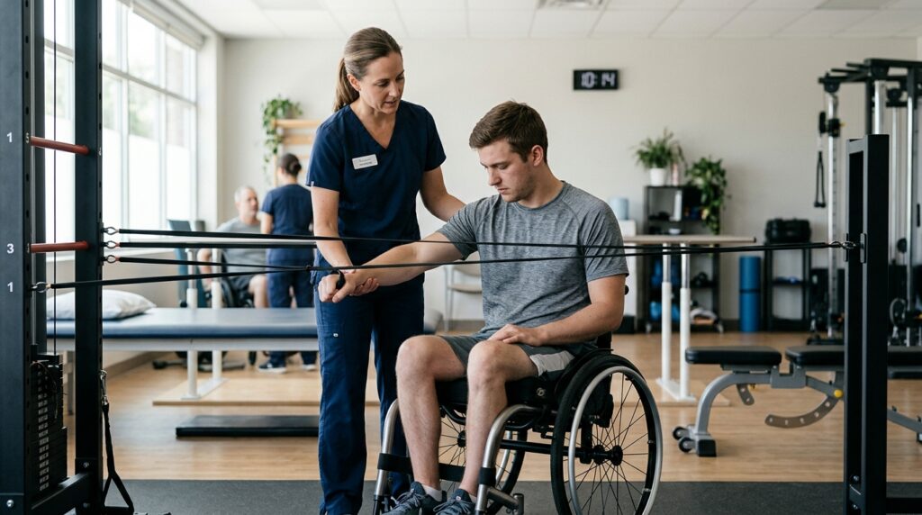 Young adult in a wheelchair working with a physical therapist in a spinal-cord-injury rehabilitation gym.