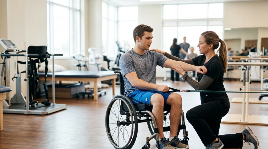 Young adult in a wheelchair working with a physical therapist in a spinal-cord-injury rehabilitation gym.
