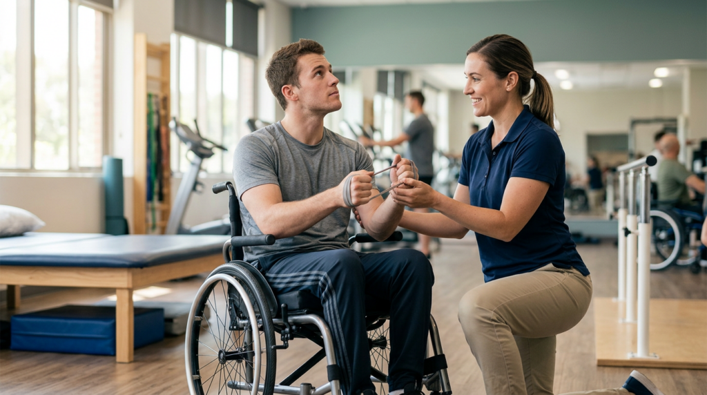 Young adult in a wheelchair working with a physical therapist in a spinal-cord-injury rehabilitation gym.