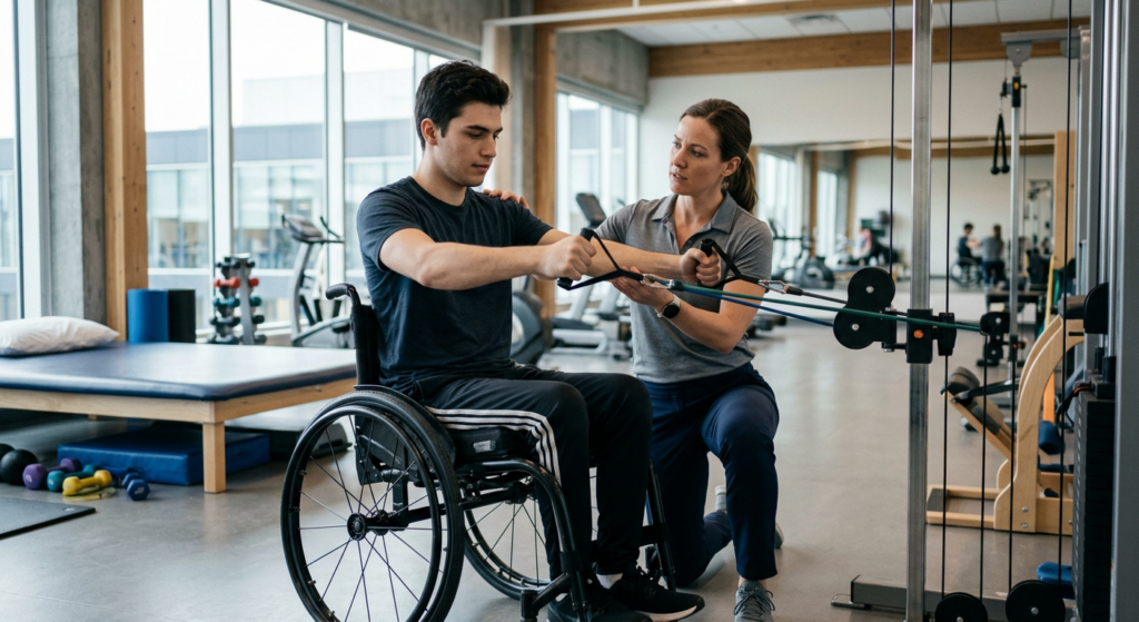 Young adult in a wheelchair working with a physical therapist in a spinal-cord-injury rehabilitation gym.