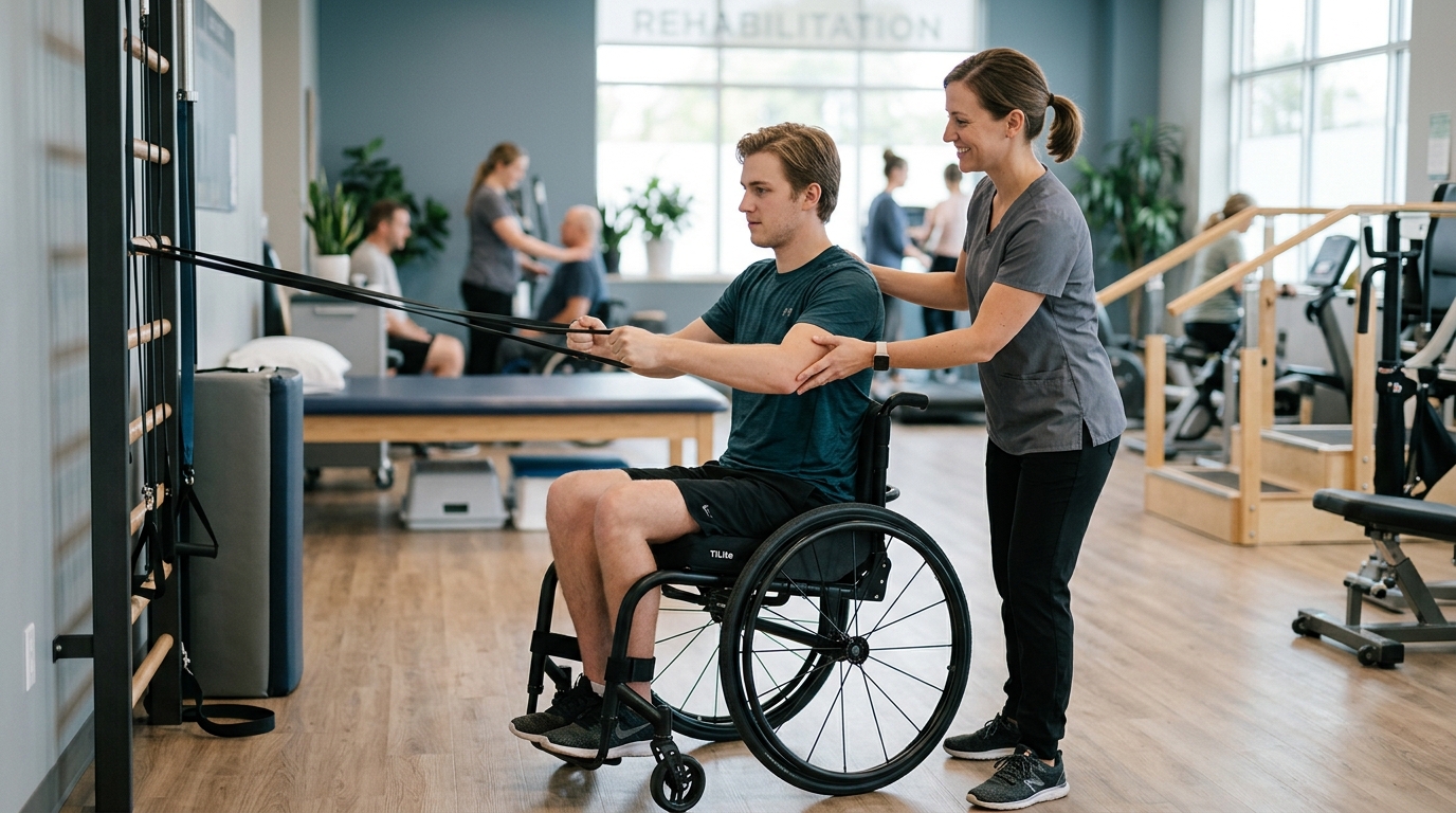 Young adult in a wheelchair working with a physical therapist in a spinal-cord-injury rehabilitation gym.