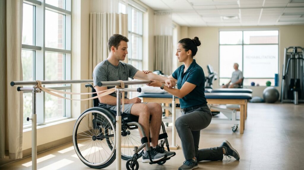 Young adult in a wheelchair working with a physical therapist in a spinal-cord-injury rehabilitation gym.