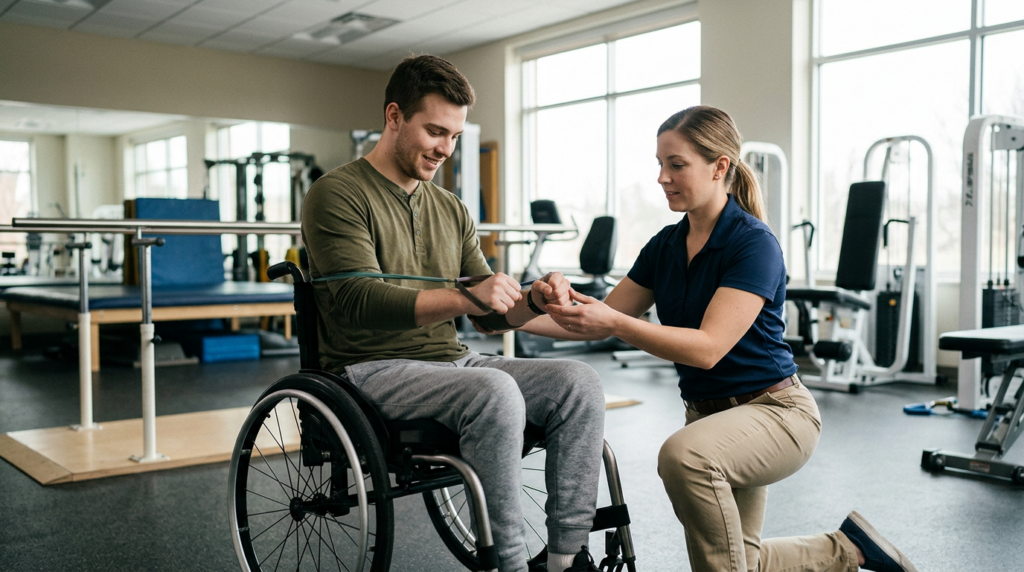 Young adult in a wheelchair working with a physical therapist in a spinal-cord-injury rehabilitation gym.