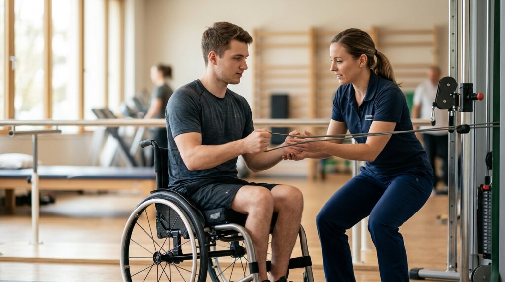Young adult in a wheelchair working with a physical therapist in a spinal-cord-injury rehabilitation gym.