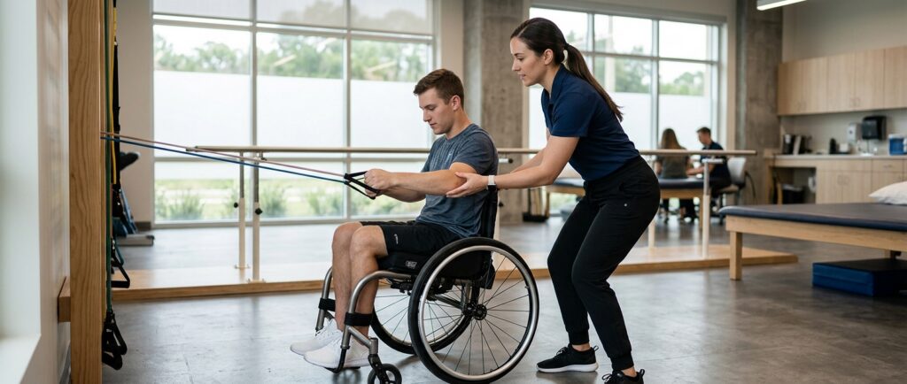 Young adult in a wheelchair working with a physical therapist in a spinal-cord-injury rehabilitation gym.