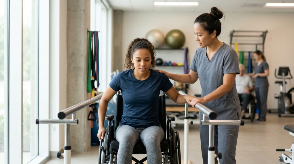 Young adult in a wheelchair working with a physical therapist in a spinal-cord-injury rehabilitation gym.
