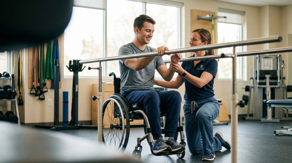Young adult in a wheelchair working with a physical therapist in a spinal-cord-injury rehabilitation gym.