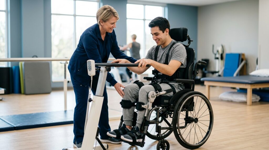 Young adult in a wheelchair working with a physical therapist in a spinal-cord-injury rehabilitation gym.