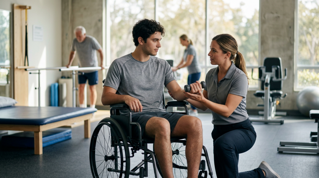 Young adult in a wheelchair working with a physical therapist in a spinal-cord-injury rehabilitation gym.