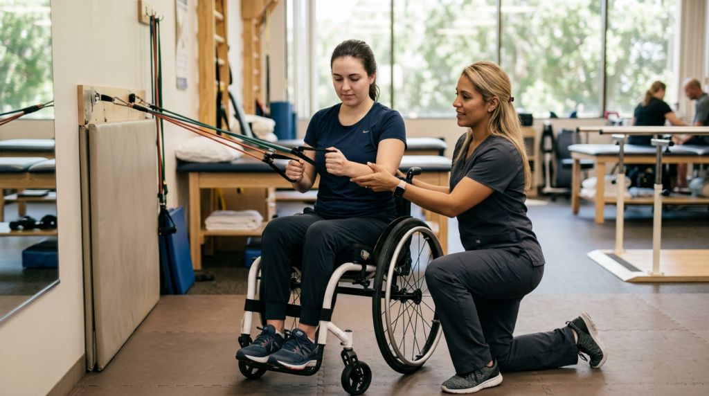 Young adult in a wheelchair working with a physical therapist in a spinal-cord-injury rehabilitation gym.