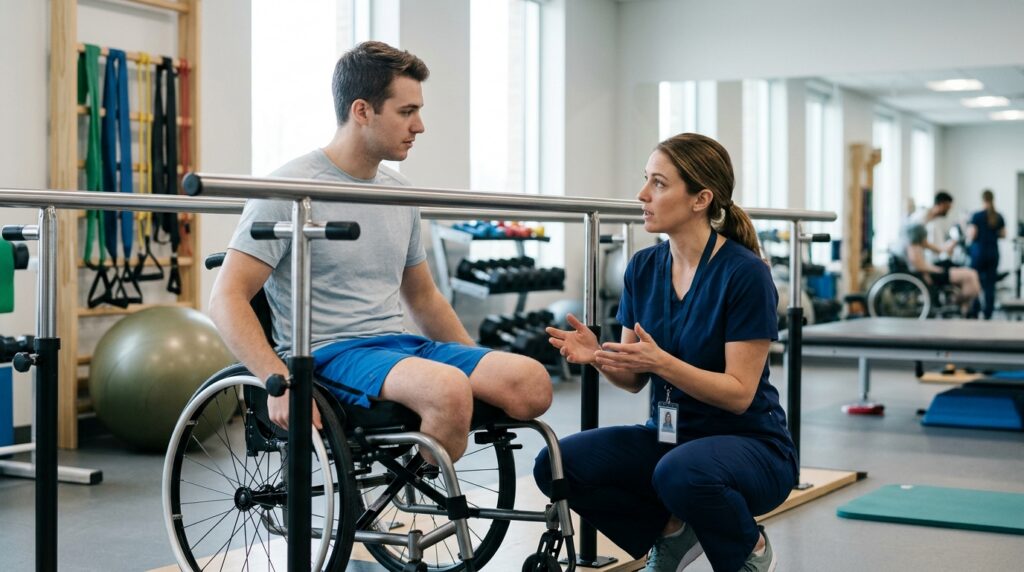 Young adult in a wheelchair working with a physical therapist in a rehabilitation gym.