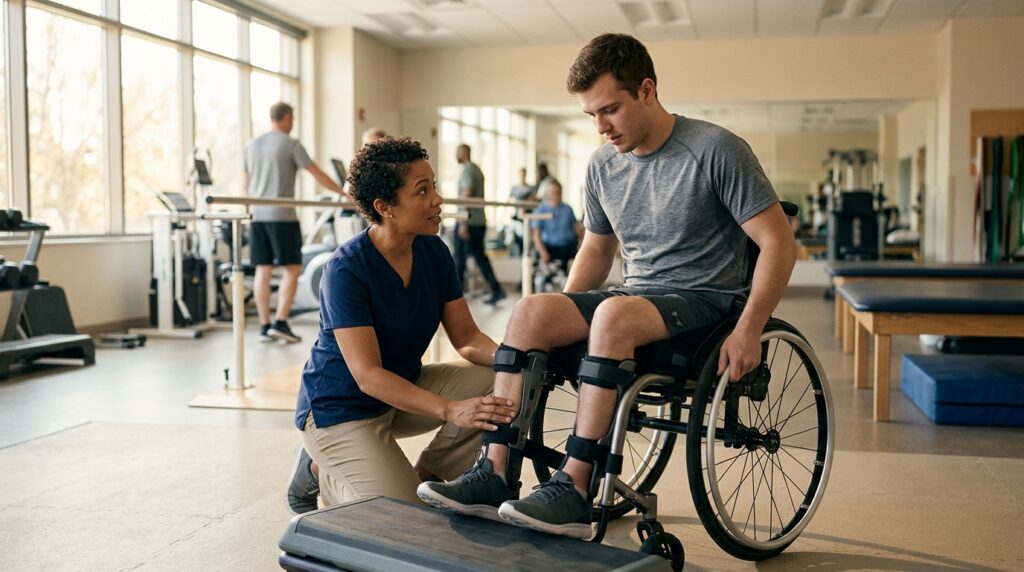 Young adult in a wheelchair working with a physical therapist in a spinal-cord-injury rehabilitation gym.