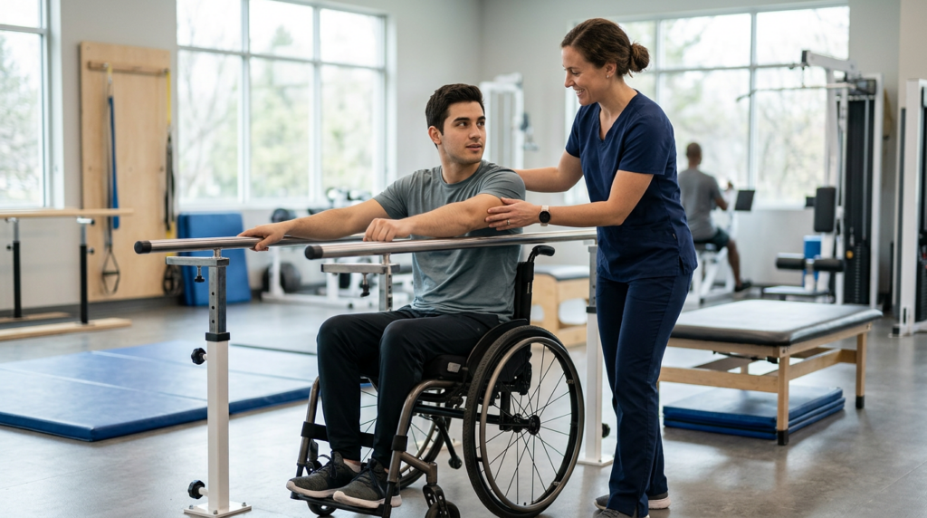 Young adult in a wheelchair working with a physical therapist in a spinal-cord-injury rehabilitation gym.