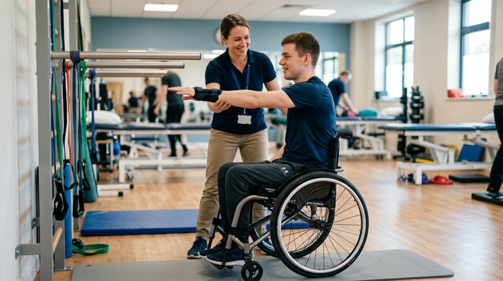 Young adult in a wheelchair working with a physical therapist in a spinal-cord-injury rehabilitation gym.