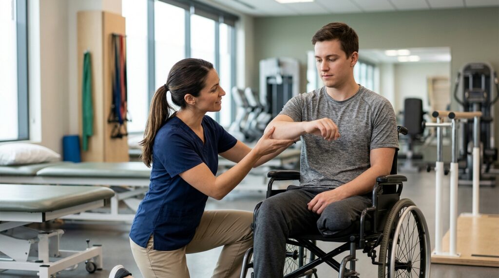 Young adult in a wheelchair working with a physical therapist in a rehabilitation gym.