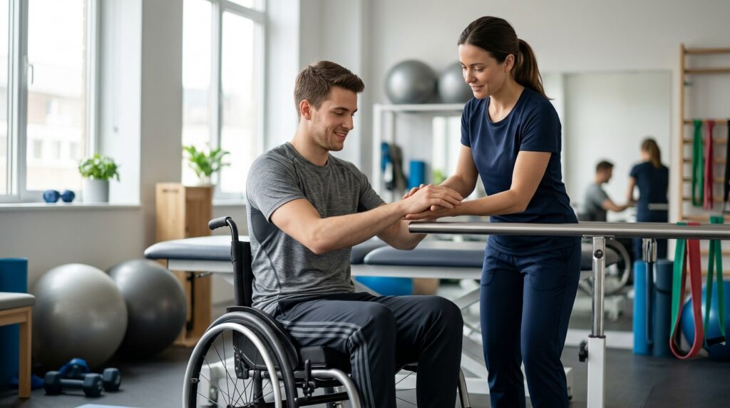 Young adult in a wheelchair working with a physical therapist in a spinal-cord-injury rehabilitation gym.