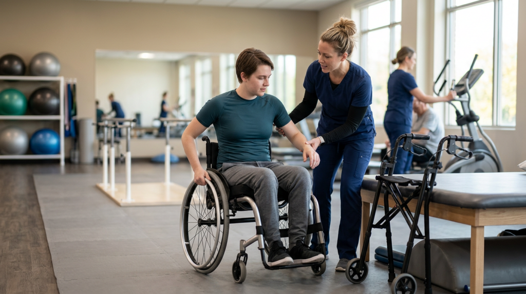 Young adult in a wheelchair working with a physical therapist in a spinal-cord-injury rehabilitation gym.