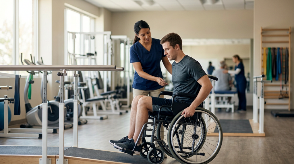Young adult in a wheelchair working with a physical therapist in a rehabilitation gym.