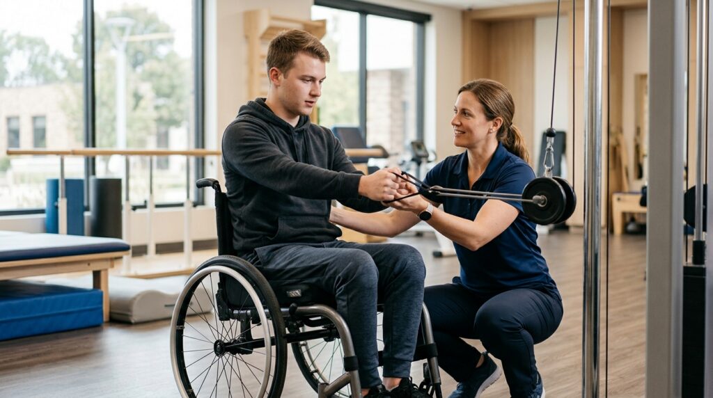 Young adult in a wheelchair working with a physical therapist in a spinal-cord-injury rehabilitation gym.