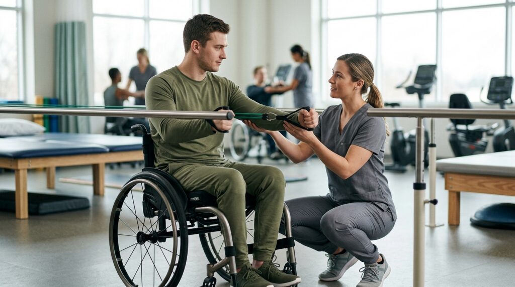 Young adult in a wheelchair working with a physical therapist in a spinal-cord-injury rehabilitation gym.