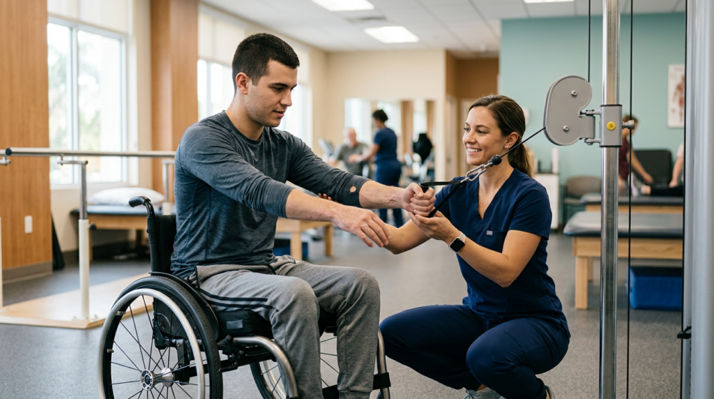 Young adult in a wheelchair working with a physical therapist in a rehabilitation gym.
