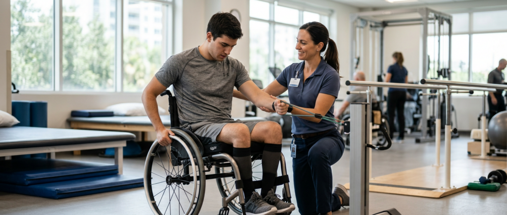 Young adult in a wheelchair working with a physical therapist in a spinal-cord-injury rehabilitation gym.